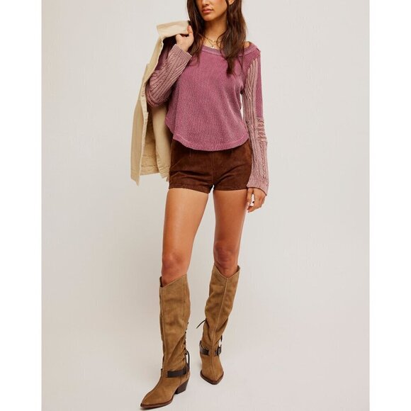 FREE PEOPLE We The Free Swinging Cable Cuff Top Tee / Vineyard Grape Combo XS - Picture 3 of 6